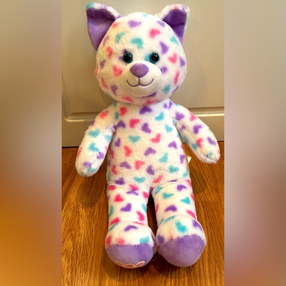 Build A Bear Rainbow Hearts White Kitty Cat plush 16” Pink Blue Purple Hearts